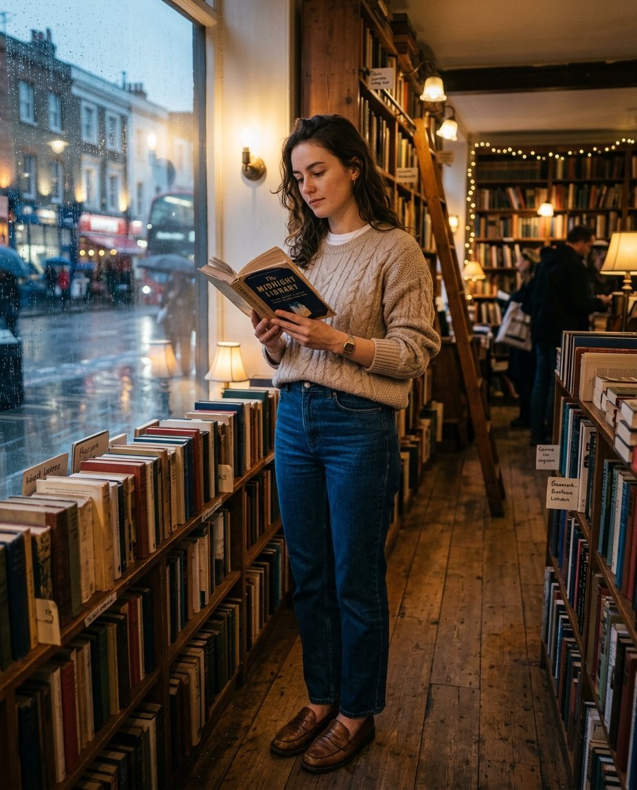 selinatasnim1's tweet photo. A photorealistic candid portrait of a young woman standing quietly inside a charming old bookstore on a rainy evening. She has shoulder-length naturally wavy dark brown hair, loosely tucked behind one ear, with a few soft strands framing her face. She gazes thoughtfully toward a wooden bookshelf on the right side of the frame, holding an open vintage hardcover book naturally in both hands. Her expression is calm, introspective, and authentic, with minimal natural makeup and realistic facial features.

She is wearing a relaxed beige knit sweater layered over a simple white cotton top, paired with high-waisted straight-fit dark blue jeans and simple brown leather loafers. A delicate wristwatch is visible on her left wrist. Her posture is natural and effortless, with one shoulder slightly relaxed and her weight resting comfortably on one leg.

The bookstore is filled with tall antique wooden bookshelves packed with old hardcover books, handwritten labels, small reading lamps, stacked novels, vintage postcards, and subtle decorative objects. Large rain-covered windows allow soft city lights to glow in the background. Outside the window, blurred reflections of wet streets, distant headlights, umbrellas, and warm storefront lights create a beautiful atmospheric bokeh.

Composition: vertical 4:5 portrait, medium-to-full body framing, subject positioned slightly off-center, eye-level camera perspective, candid lifestyle photography, bookshelf details and rain-covered window clearly visible in the background.

Lighting: soft warm interior lighting naturally mixed with cool diffused blue-gray daylight from the rainy window, gentle highlights across her face and hair, subtle realistic shadows, balanced exposure, cinematic contrast, muted warm brown, beige, cream, and cool blue tones.

Photography style: ultra-realistic professional editorial lifestyle photography, authentic natural skin pores and texture, individual realistic hair strands, detailed knit and denim fabric, realistic book textures, weathered wood grain, subtle reflections on glass, shallow depth of field, soft cinematic background separation, realistic perspective, natural lens rendering, subtle filmic tones, calm nostalgic atmosphere, highly detailed, photorealistic, 4K resolution.

Negative prompt: anime, cartoon, illustration, CGI, 3D render, artificial face, plastic skin, excessive beauty filter, unrealistic skin, distorted anatomy, malformed hands, extra fingers, missing fingers, fused fingers, unnatural pose, artificial hair, oversaturated colors, excessive HDR, excessive sharpening, fake background, blurry subject, low resolution, text, watermark, logo.