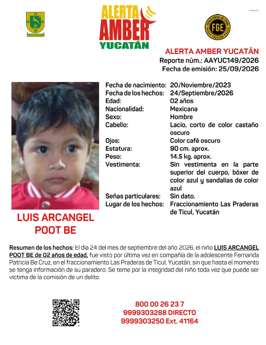 AAMBER_yucatan's tweet photo. #AAYUC Informa de la ACTIVACIÓN de una ALERTA AMBER Estatal solicitando de su amable apoyo para la búsqueda y localización de la adolescente FERNANDA PATRICIA BE CRUZ y del niño LUIS ARCANGEL POOT BE de 17 y 02 años de edad respectivamente, en el Estado de Yucatán. @fgeyucatan https://t.co/WefBT8ZnoH