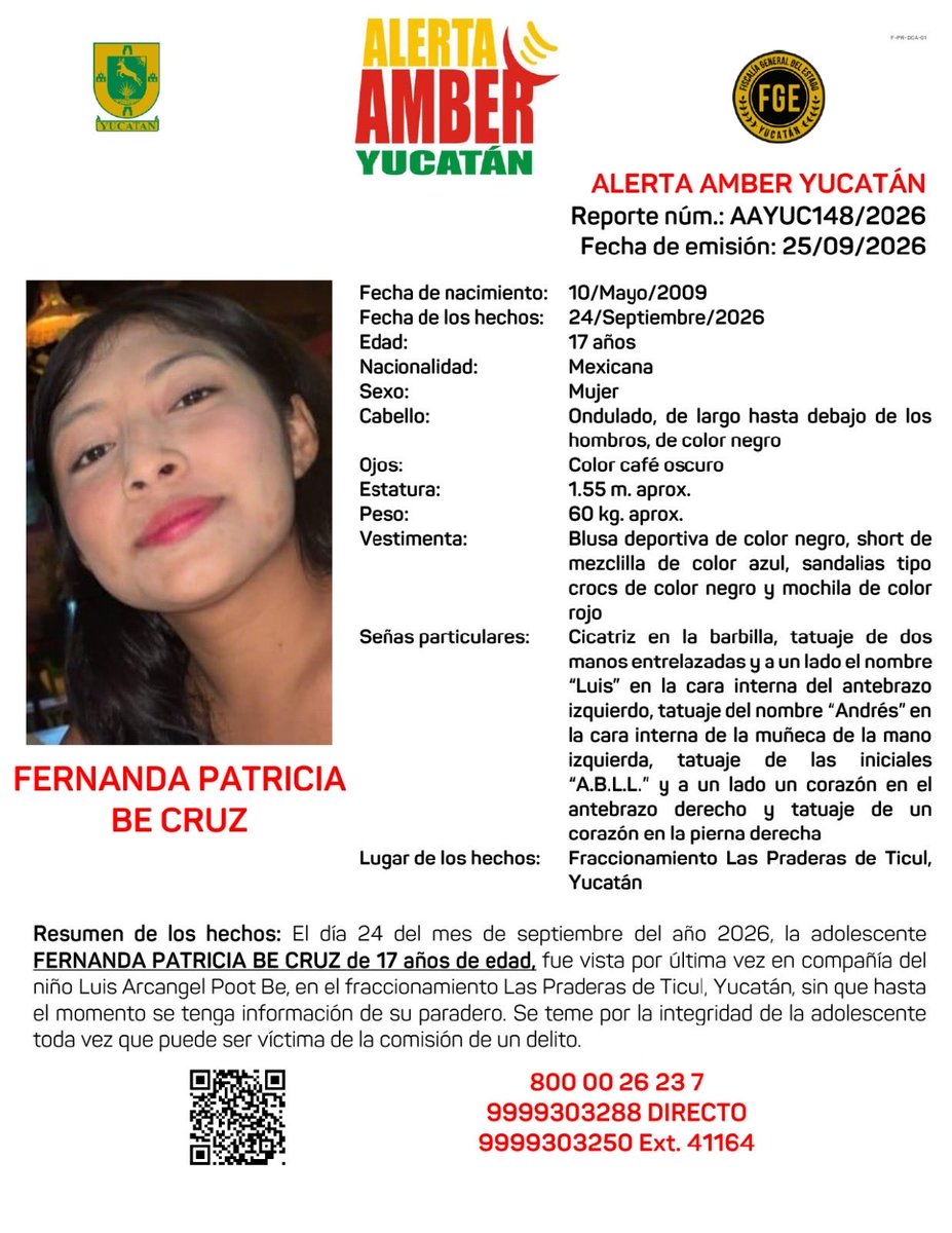 AAMBER_yucatan's tweet photo. #AAYUC Informa de la ACTIVACIÓN de una ALERTA AMBER Estatal solicitando de su amable apoyo para la búsqueda y localización de la adolescente FERNANDA PATRICIA BE CRUZ y del niño LUIS ARCANGEL POOT BE de 17 y 02 años de edad respectivamente, en el Estado de Yucatán. @fgeyucatan https://t.co/WefBT8ZnoH