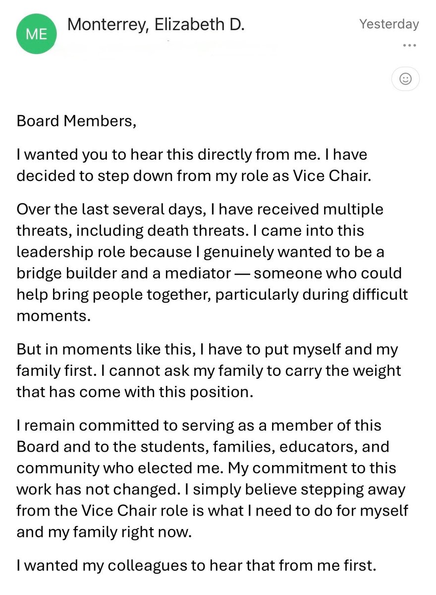 Brett_Jensen's tweet photo. BREAKING: Another @wbtradio exclusive — New CMS Board Vice Chair Elizabeth Monterrey Duvall told the board Thursday in an email that she is stepping down two days after being named to the position due to “received multiple threats, including death threats.” She also says, “But in moments like this, I have to put myself and my family first. I cannot ask my family to carry the weight that has come with this position.”

New Chair Dee Rankin talked her into staying and she the agrees to stay on as Vice Chair until December. 

One has to ask what changed if she has agreed to stay on an extra two months and ask her family, “to carry the weight that has come with this position,” as she said she initially couldn’t do.

The emails are below: