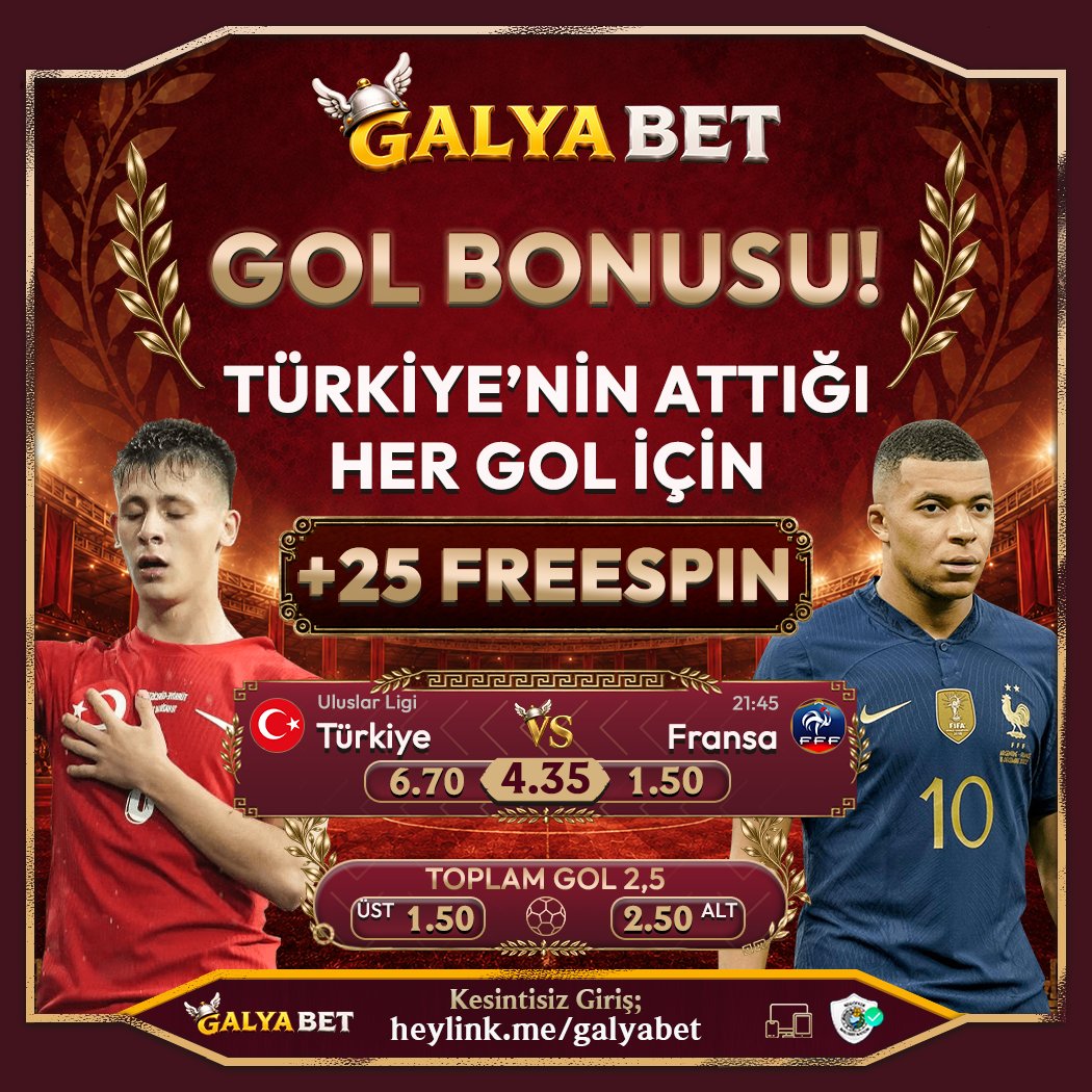 galyabetresmi's tweet photo. 🇹🇷 Türkiye – Fransa karşılaşmasında Milli Takımımızın attığı HER GOL +25 FREESPIN! 🎰

1 gol = 25 FS
2 gol = 50 FS
3 gol = 75 FS ⚡️

❤️Haydi Türkiye! Goller senden, Freespinler bizden!

📞 Galyabet Sosyal ➡️ https://t.co/4ZVFNGqgE3
👑 Galyabet Giriş ➡️ https://t.co/MACc1oKTrU https://t.co/RYcD8UhTOG