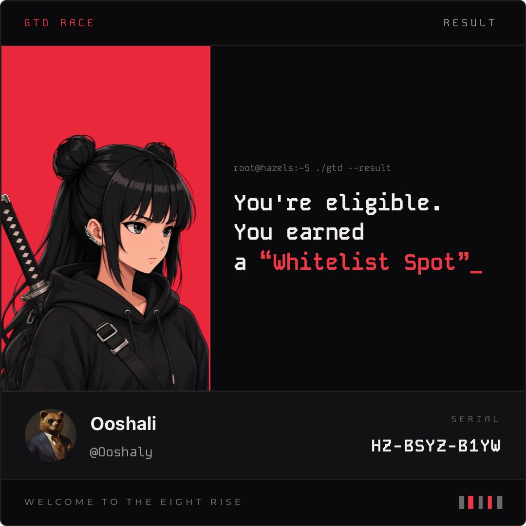Ooshaly's tweet photo. I earned a "Whitelist Spot" in GTD Race. @0xhazels #wearehazels
https://t.co/tqzeyFrxlC https://t.co/QuU5QTPpuw