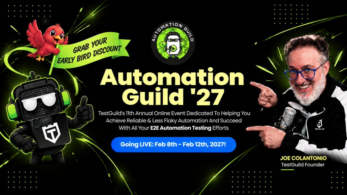 testguilds's tweet photo. The Automation Guild ’27 Early Bird List is now open! 🐦 Join the list to register before registration opens to the public and receive a special discount for you &amp; your team. 👉 https://t.co/NyHiTPXBma #AutomationGuild #TestGuild #TestAutomation #SoftwareTesting https://t.co/6ISIAfmQ6t