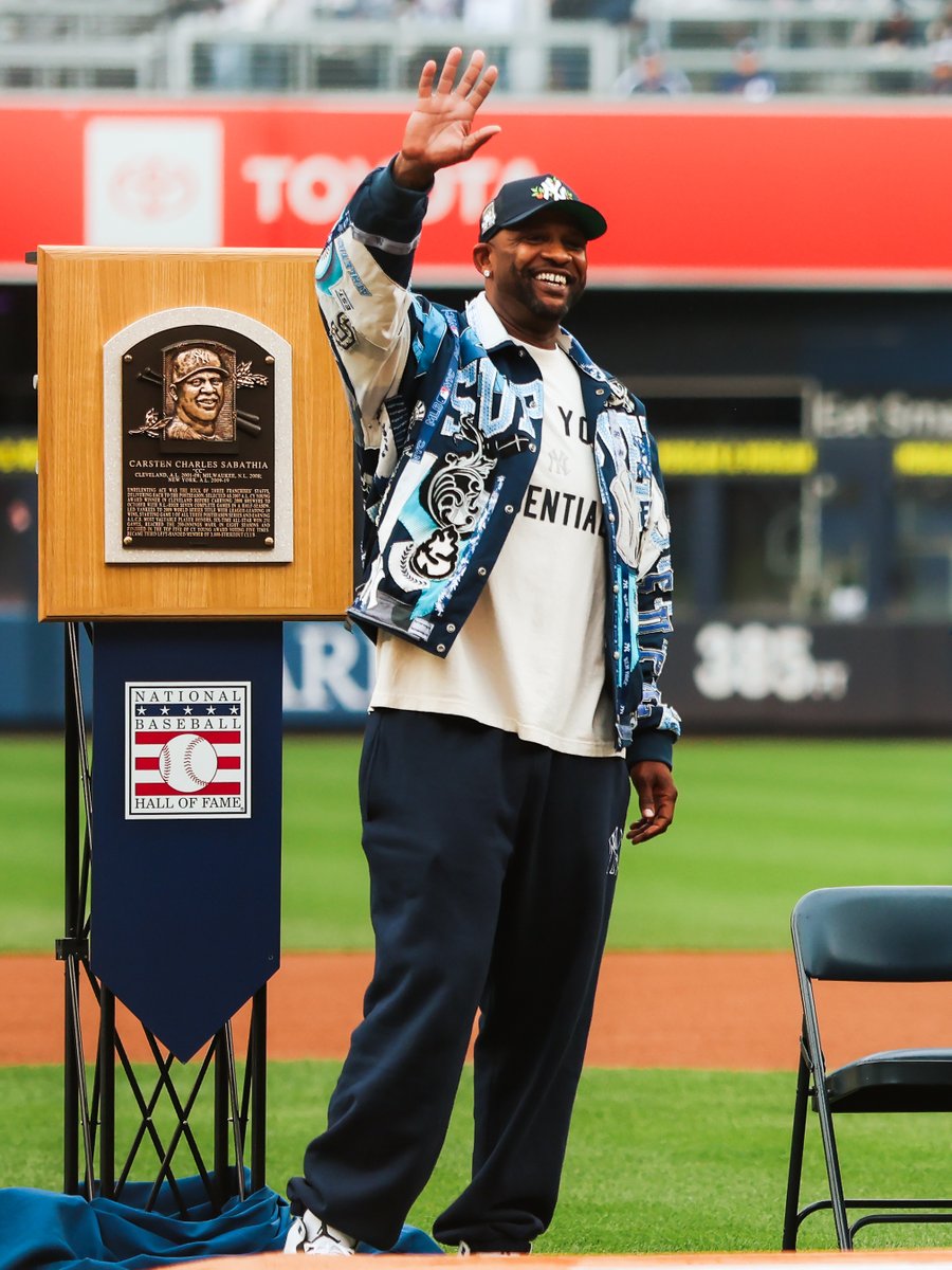 Yankees's tweet photo. Today's CC Sabathia Ceremony will begin at 3:15 pm. Derek Jeter, Andy Pettitte, Dellin Betances, and Chris Young are set to join @CC_Sabathia as we honor his career and legacy.

All @yankeestadium gates will open to fans at 2:30 pm, at which time distribution will begin for the September 25 scheduled promotional item (Josh Hart Yankees Bobblehead presented by Delta Air Lines for the 1st 18,000 Guests in attendance).