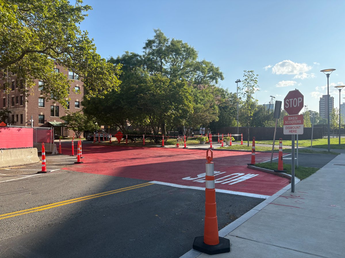 MITPolice's tweet photo. You may have noticed the red paint on the street at Amherst St. &amp; Danforth St. near the McCormick Hall/W4 construction.

If driving, please stop &amp; proceed slowly. Pedestrians, bikes &amp; scooters should follow the posted signage &amp; use designated areas. https://t.co/e1HDWjIibx