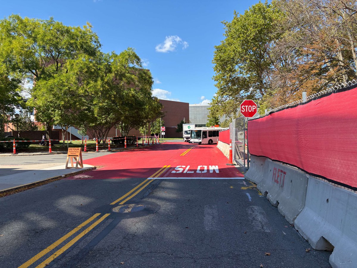MITPolice's tweet photo. You may have noticed the red paint on the street at Amherst St. &amp; Danforth St. near the McCormick Hall/W4 construction.

If driving, please stop &amp; proceed slowly. Pedestrians, bikes &amp; scooters should follow the posted signage &amp; use designated areas. https://t.co/e1HDWjIibx