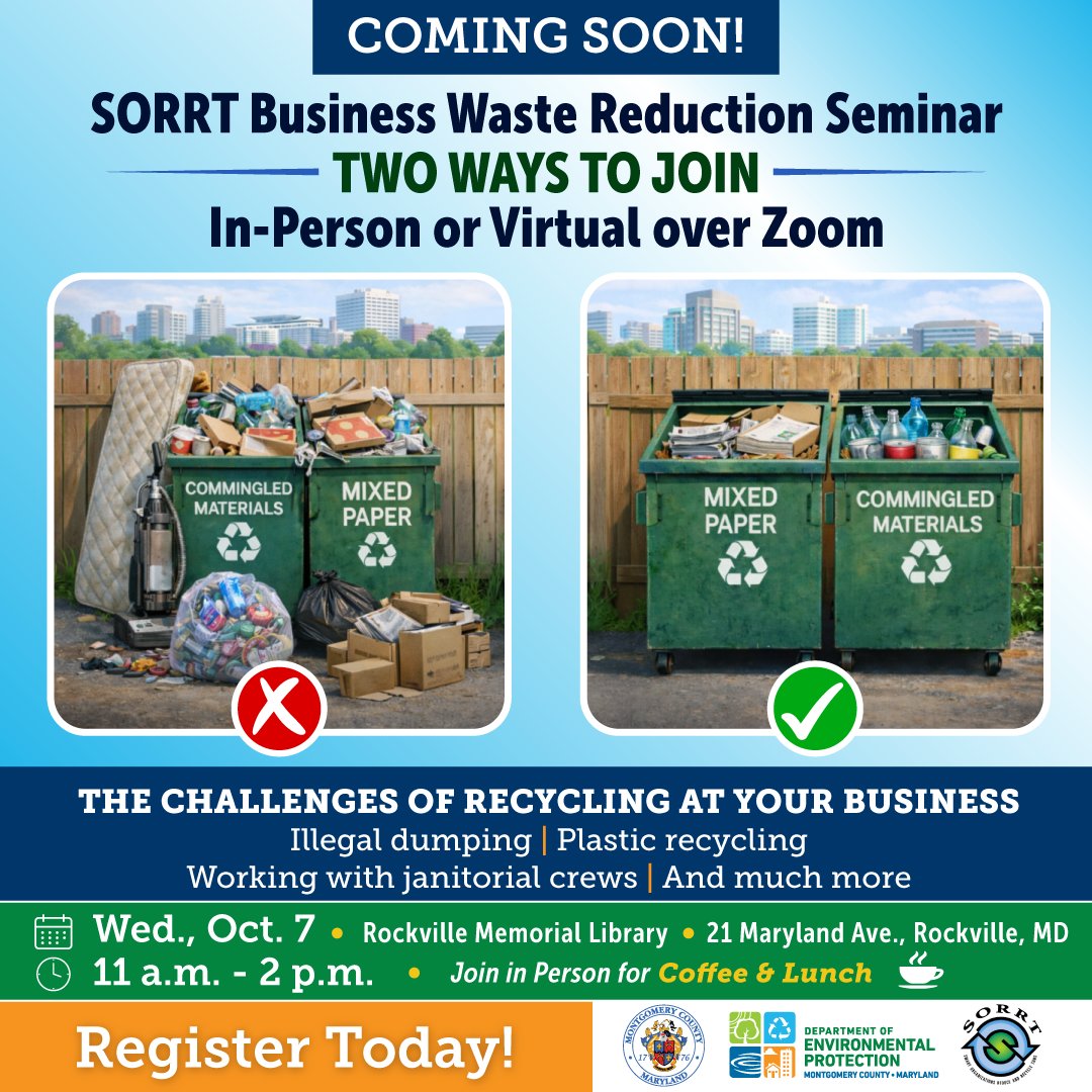 MontgomeryCoMD's tweet photo. ♻️ Facing recycling challenges at your business? Join @MyGreenMC on Oct. 7, 11 a.m.–2 p.m., to learn about illegal dumping, plastics recycling, working with janitorial crews and more. Attend in Rockville or virtually. 

Register: https://t.co/H2u6eex5HK

mygreenmc https://t.co/ARU4K1Jve3