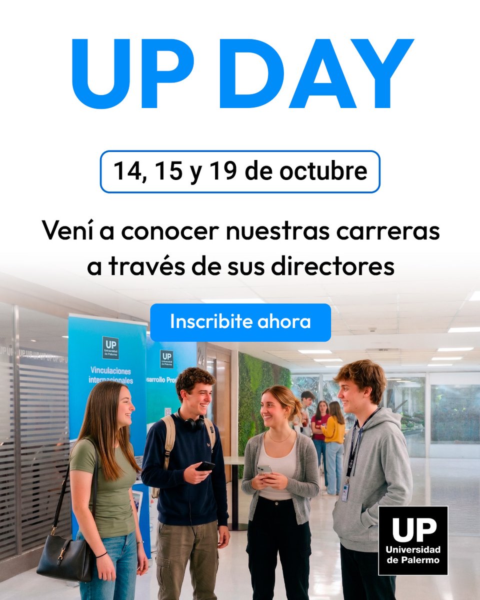 udepalermo's tweet photo. 🎓¡Se acerca una nueva edición del UP Day! 
Conocé nuestras carreras y hablá con directores.

📅14/10: Moda y Tendencias
📅15/10: Diseño, Comunicación y Arquitectura
📅19/10: Negocios, Ingeniería, Psicología, Cs. Sociales y Derecho

¡Inscribite acá!👉 https://t.co/hFYdvsi5Ec https://t.co/fKaGSnGQ2F