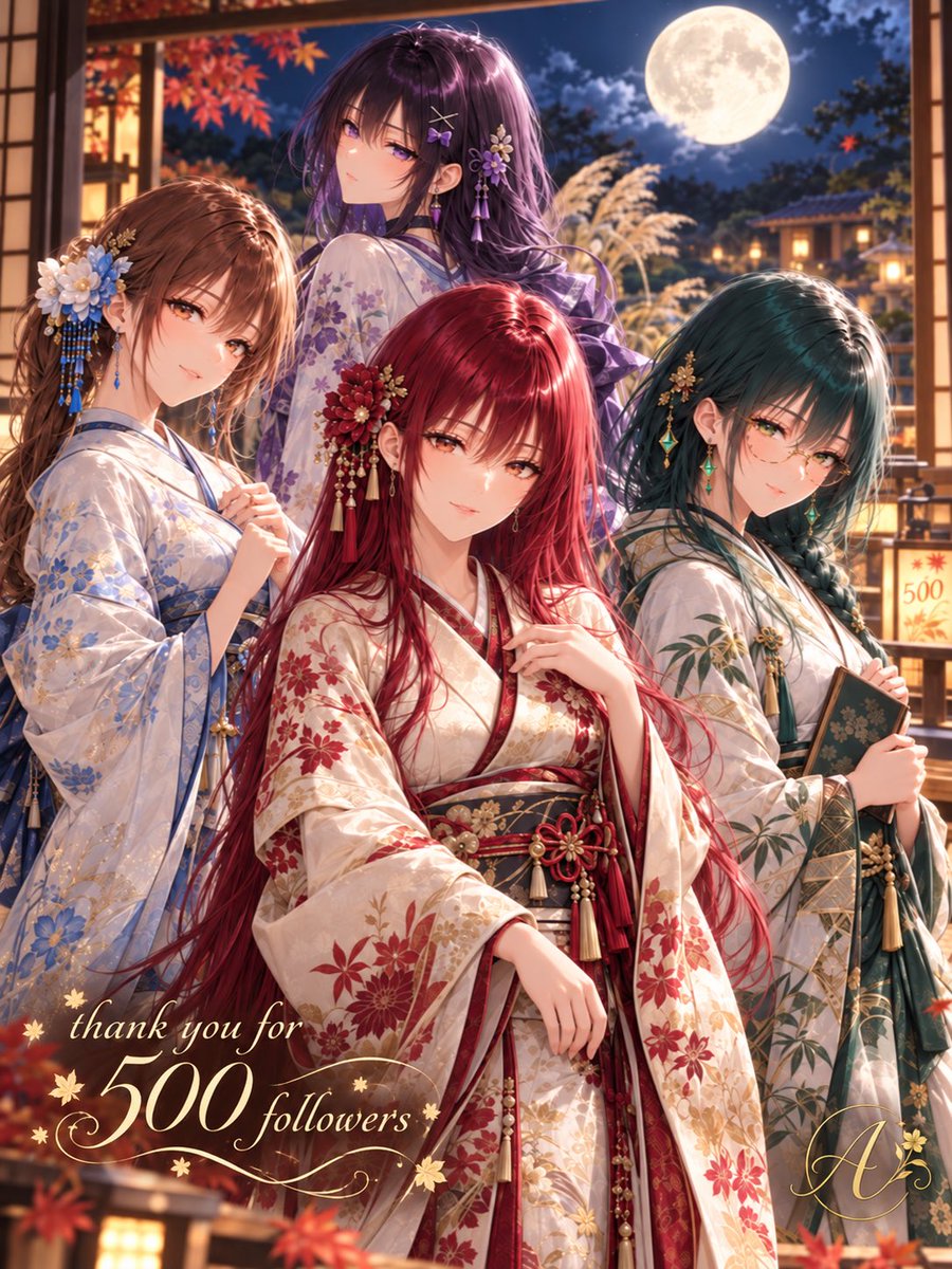 Akarisatelier's tweet photo. Akari’s Atelierはフォロワー500人というとても大きな節目を迎えることができました。当アトリエを見つけ、作品を楽しんでくださる皆さまへ、心から感謝いたします。

今夜は満月の下、四人そろって感謝を込めて。

これからも朱莉たちの日々を、ひとつひとつ丁寧に描いていきます。
どうぞよろしくお願いします。

〜朱莉、琴音、依織、紬希〜

#AkariAtelier #AIart
