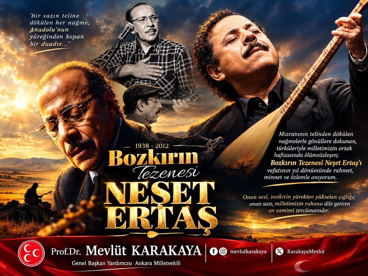 KarakayaMevlut's tweet photo. #NeşetErtaş
#BozkırınTezenesi

Bozkırın bağrından kopup gelen sesiyle gönüllere dokunan, sazının her telinde Anadolu’nun hüznünü, sevincini, hasretini ve sevdasını dile getiren Bozkırın Tezenesi Neşet Ertaş’ı, vefatının yıl dönümünde rahmet, minnet ve özlemle anıyorum.

Mızrabından süzülen her nağme, Anadolu’nun asırlık hafızasından bir iz; söylediği her türkü, milletimizin ortak gönül dilinden bir nefesti.

Neşet Ertaş’ın sazı sustu; fakat gönüllerde yaktığı türkü ateşi hiç sönmedi.
O, bozkırın sesini millete, milletin yüreğini de türkülere nakşeden büyük bir sanatkâr olarak daima yaşayacaktır.

Ruhu şad, mekânı cennet olsun.