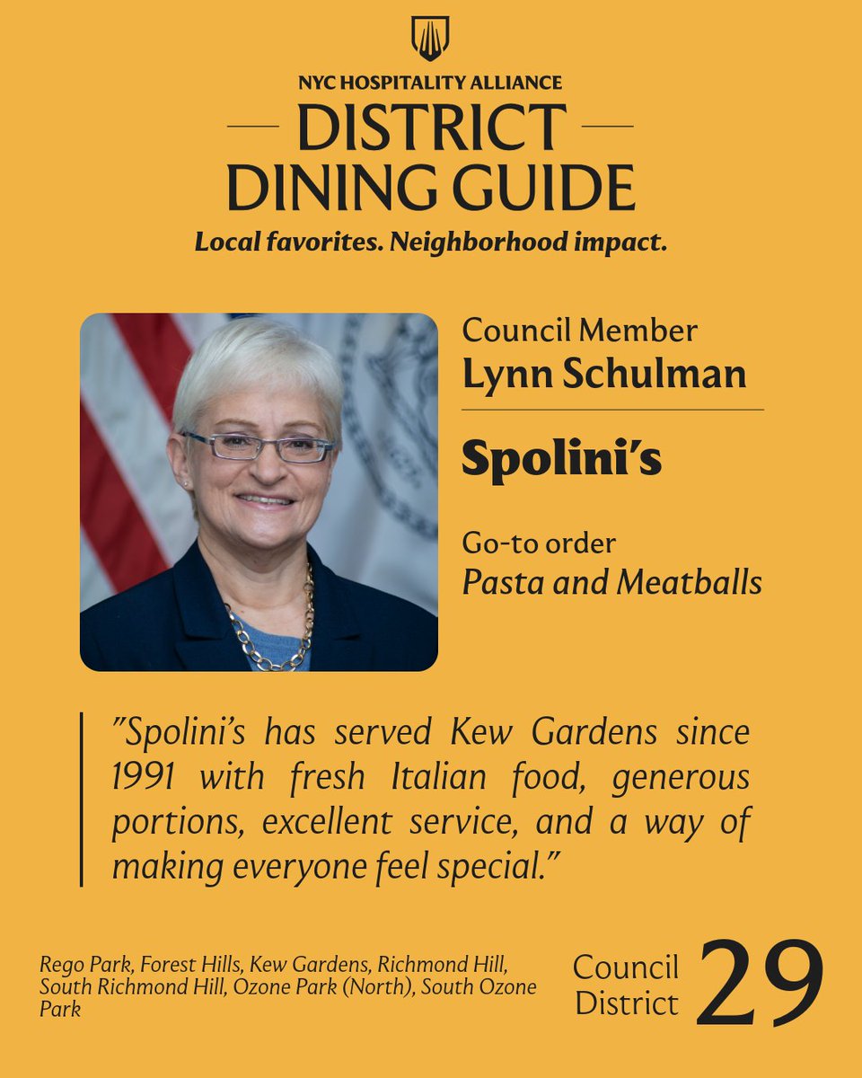 theNYCalliance's tweet photo. 🍝 A Kew Gardens favorite since 1991: @Lynn4NYC picks Spolini’s for pasta and meatballs. District 29 is home to 310 restaurants and bars, employing 2,253 people and supporting $73.2M in wages. https://t.co/9C5d9cuMJf https://t.co/bUDNOUmPwm