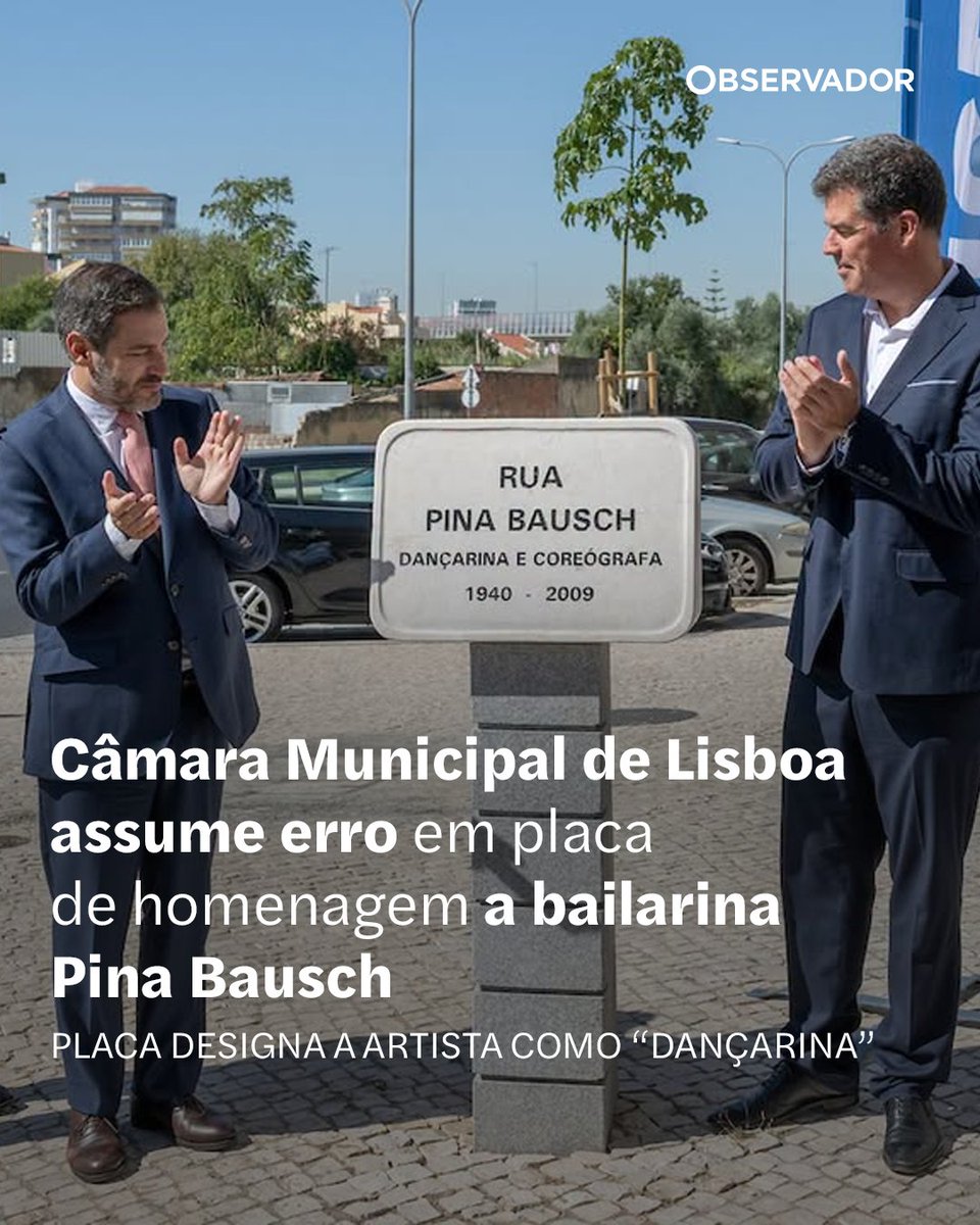 observadorpt's tweet photo. A Câmara Municipal de Lisboa decidiu homenagear Pina Bausch (1940-2009), bailarina e coreógrafa alemã, figura revolucionária da dança, com uma rua na freguesia do Lumiar. Só que poucas horas depois de divulgar a homenagem, o município liderado por Carlos Moedas foi alertado para o facto de ter designado a artista alemã como “dançarina”, em vez de “bailarina”.

Esta quinta-feira, a CML acabaria por assumir o “lapso”: "A Câmara Municipal de Lisboa assume o erro e procederá à sua correção com a maior brevidade, passando a constar 'Bailarina e Coreógrafa'."

Saiba mais no link nos comentários.

(📸 Câmara Municipal de Lisboa/Facebook)

#Lisboa #PinaBausch #bailarina #cultura #Dança