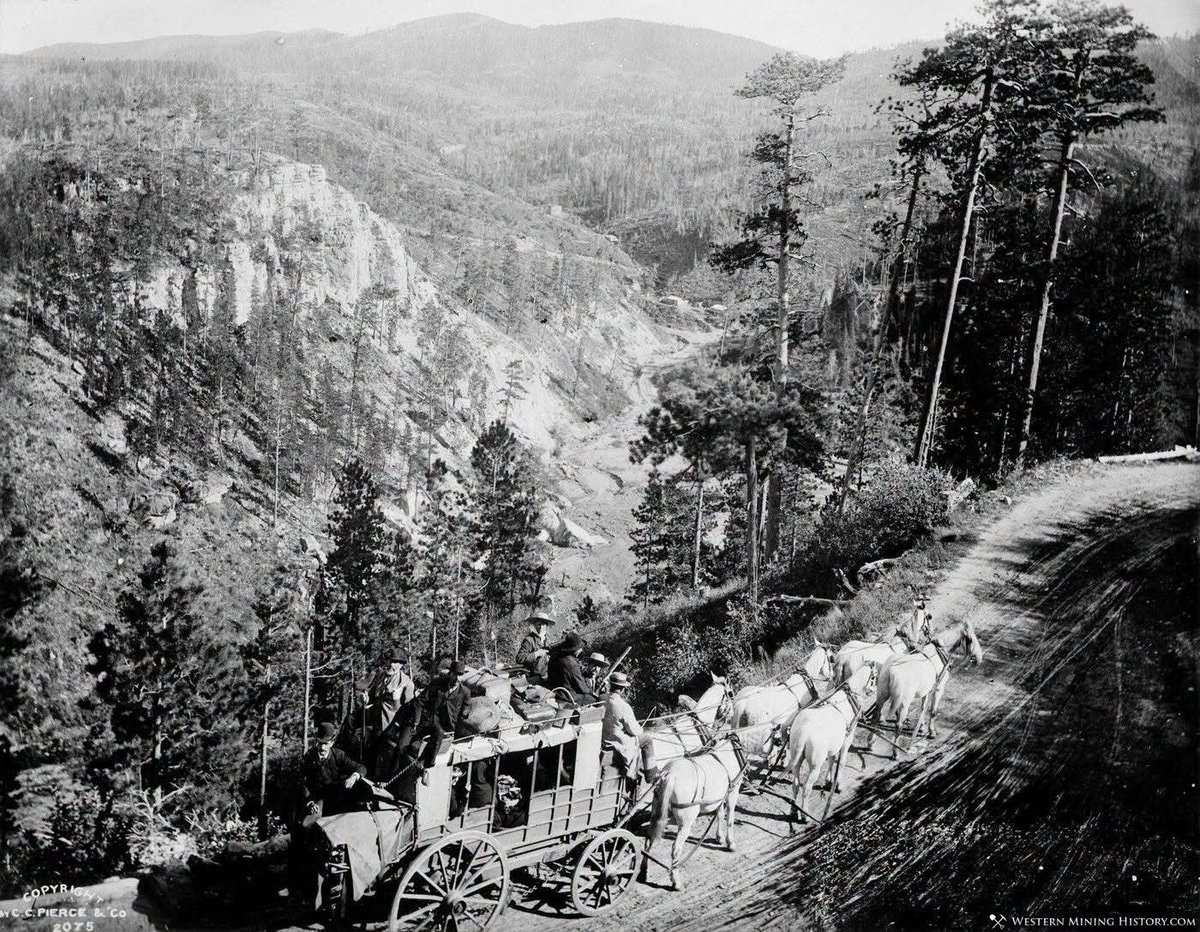 EchoesofWarYT's tweet photo. In this ca. 1880s photo, the Deadwood stagecoach is heavily loaded with people and luggage. Note the man with the rifle on top. https://t.co/5Xln4ySjMu