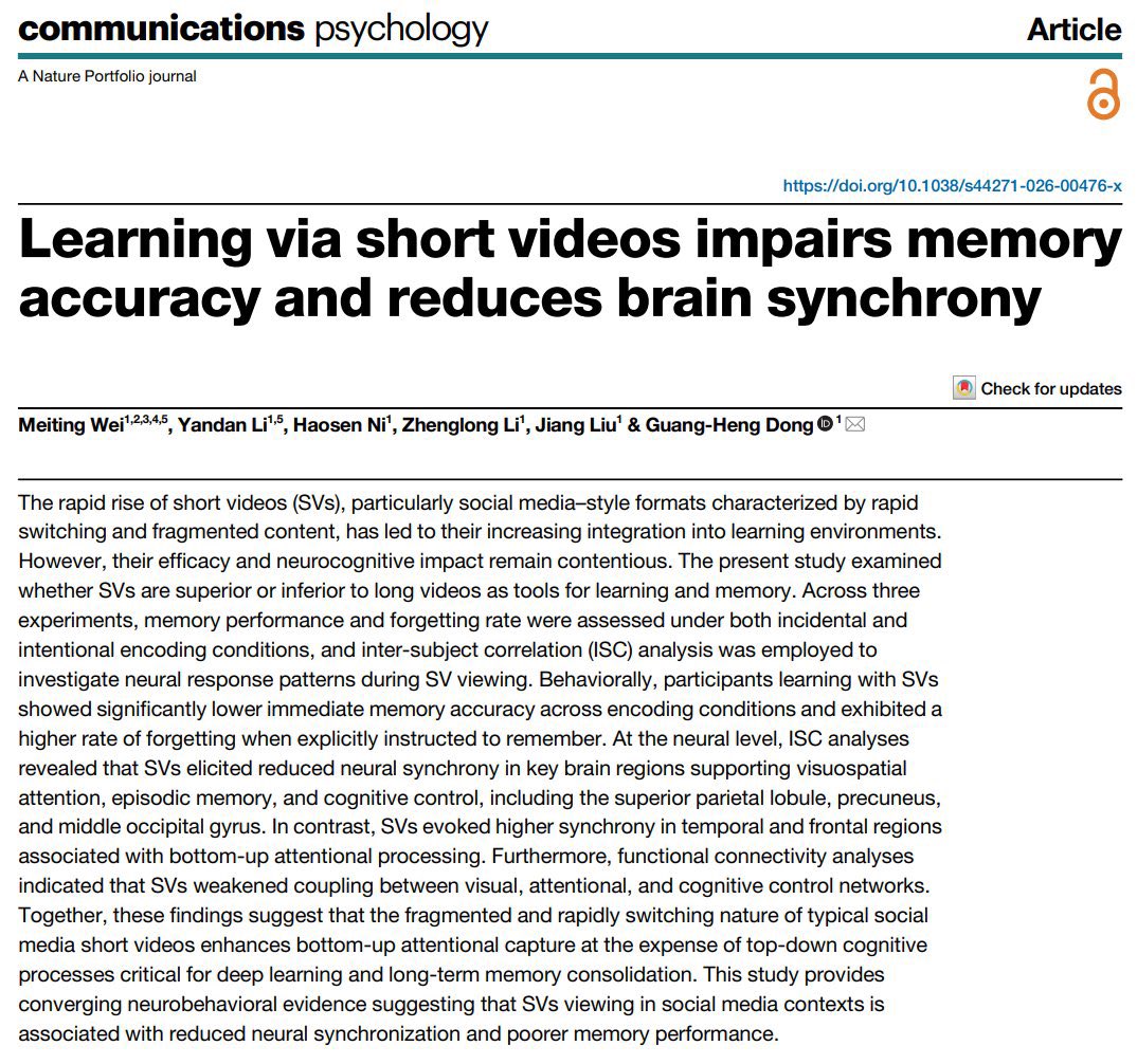 bigcatt09's tweet photo. Short-form content has a hidden cost it makes you feel informed without leaving much behind.
But the memory trace is weaker,retention is poorer &amp;the brain never gets enough uninterrupted attention to consolidate what it consumed.

High stimulation is not the same as deep learning https://t.co/ADzl40FLIx