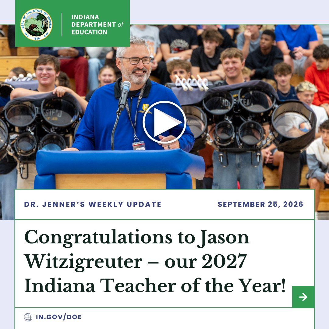 EducateIN's tweet photo. 📝Meet the 2027 Indiana Teacher of the Year – Jason Witzigreuter! Jason is the Associate Director of Bands at Homestead High School in Fort Wayne. Read more about his story and watch a video from the surprise announcement in today’s weekly update: https://t.co/mCSQXfwMbM https://t.co/wzQ9POyjuy