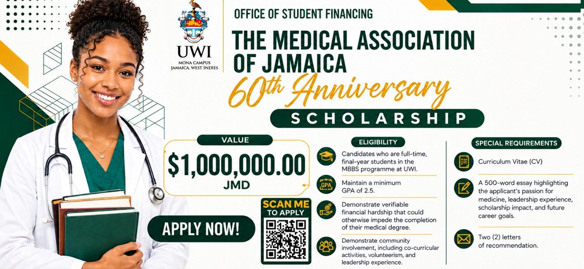 FMSMONACAMPUS's tweet photo. Calling all final-year MBBS students! 

The Medical Association of Jamaica (MAJ) is celebrating 60 years and giving back!  Apply now for a chance to receive $1,000,000 JMD to support your studies! Scan the QR code for more details. 

#fmsmona #uwimona https://t.co/TQm8V3OXH0