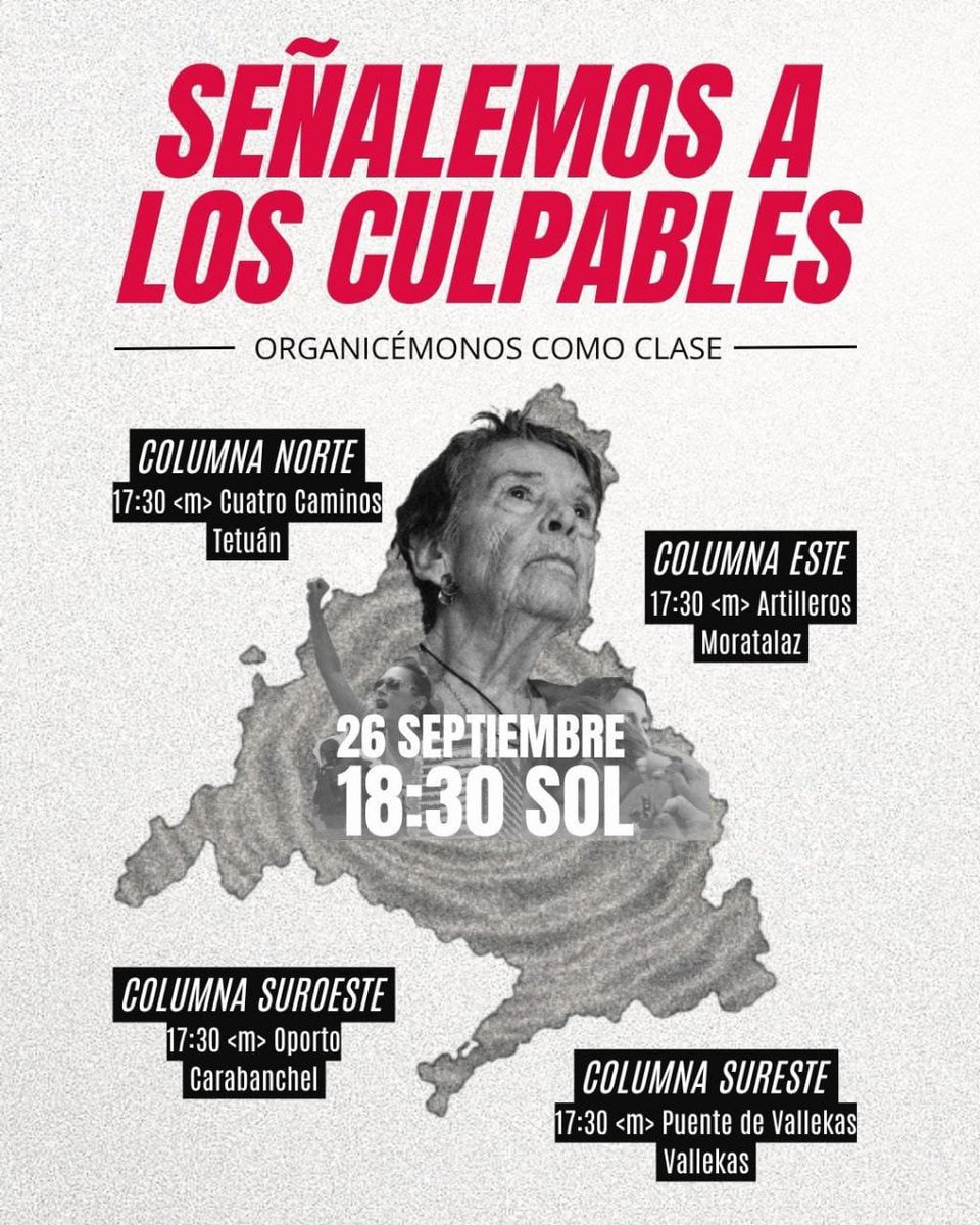 pah_vallekas's tweet photo. 💥 VAMOS JUNTAS DESDE LOS BARRIOS💥 

➡️ COLUMNA NORTE:
17:30 <m> Cuatro Caminos. Tetuán.

➡️ COLUMNA SUROESTE:
17:30 <m> Oporto. Carabanchel.

➡️ COMUNA SUROESTE
17:30 <m> Puente de Vallecas.

➡️ COLUMNA ESTE
17:30 <m> Artilleros. Moratalaz.

ORGANICEMOS LA RABIA 🔥 https://t.co/864x4quMp6