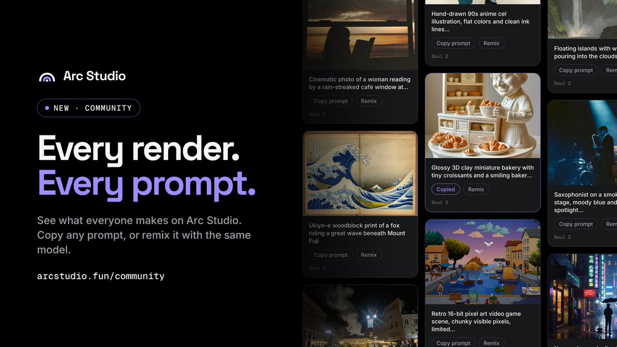 arcstudio_ai's tweet photo. New in Arc Studio: Community.

Community is a public feed of every render on Arc Studio, from prompt to render to remix.

It lets creators learn from each other without guessing at prompts.

→ Browse every render
→ Copy any prompt
→ Remix with the same model
→ Pay per render in USDC on Arc

Direct anything with Arc Studio.

https://t.co/XEx0vpKakM