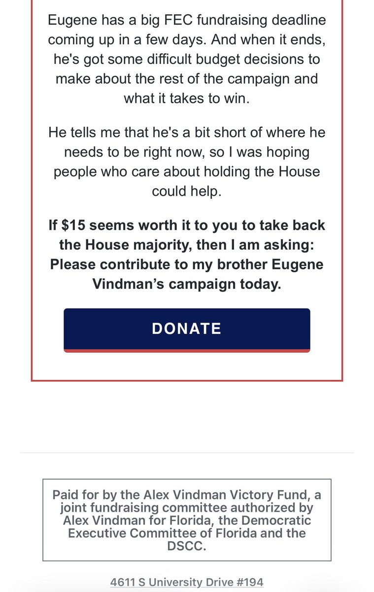 AgentWes's tweet photo. 4x this week @AVindman used his FL email list to ask FL donors for money, taking 💵 from our state, donors, and OUR CANDIDATES to support his brother and other non-FL candidates.

Polls show FL races are competitive and we need that money here.

STOP TAKING MONEY FROM FLORIDA! https://t.co/ZDfAsGoRan