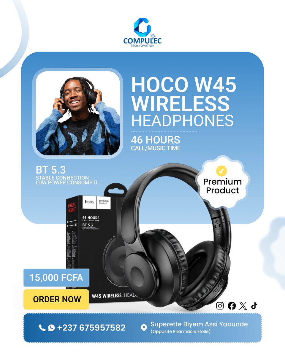 CompulecTech's tweet photo. 🎧 Comfort meets power!
HOCO W45 Wireless Headphones - 46H music &amp; calls, BT 5.3 stable connection. Pure premium sound.

💰 15,000 FCFA only
📍 Superette Biyem-Assi Yaoundé (Opposite Pharmacie Etoile)
📲 Order Now: +237 675957582

#CompulecTechnovation #HocoCameroon #Yaounde https://t.co/QYP8lFfmmi
