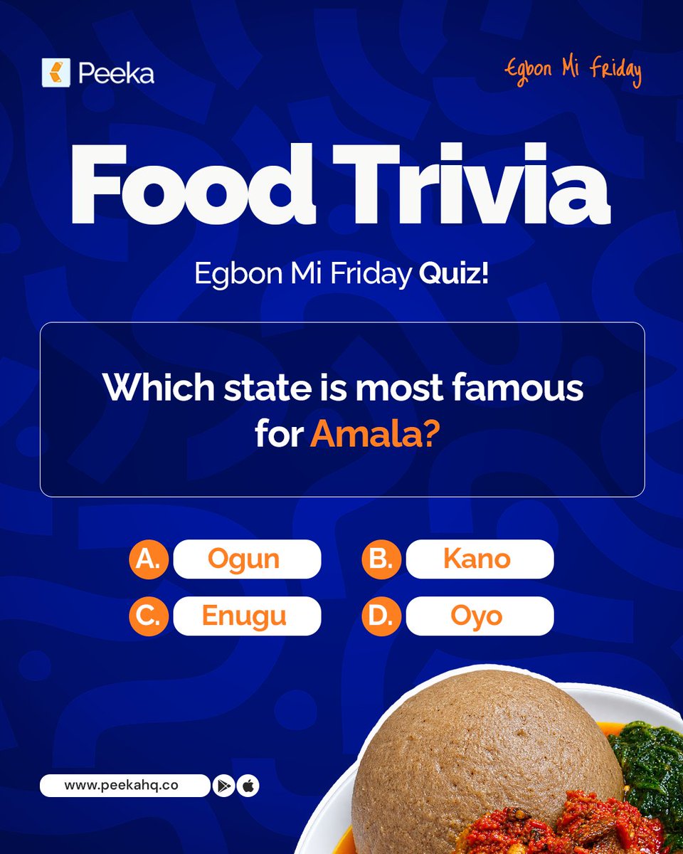 ThePeekaHq's tweet photo. 🍲 Egbón Mi Friday! Food Trivia Time!
It’s Friday, so let’s settle this one!
Which state is most famous for Amala?
A. Ogun
B. Kano
C. Enugu
D. Oyo
Drop your answer in the comments and let’s see who really knows their Nigerian food! 🇳🇬🍽️#Peeka #FoodTrivia #EgbonMiFriday #Amala https://t.co/Jv7ZeOvIzc