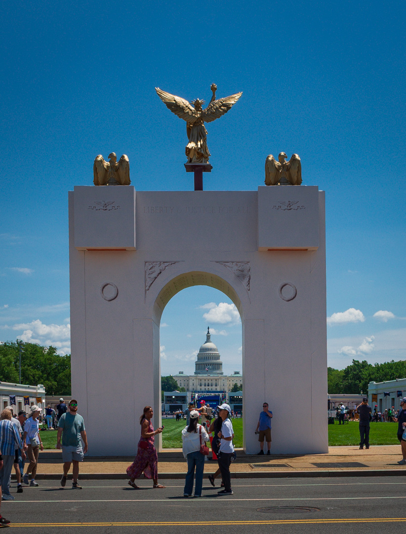 bfurman's tweet photo. Rear view of the proposed Triumphal Arch on display at the Great American State Fair 2026. NOT to scale. #greatamericanstatefair #memorialbridge #ArlingtonNationalCemetary #ArlingtonCemetary #TrumpArch #Trump #WashingtonDC #TriumphalArch #democracy #vote #freedom250 https://t.co/kdpBXLxbWr