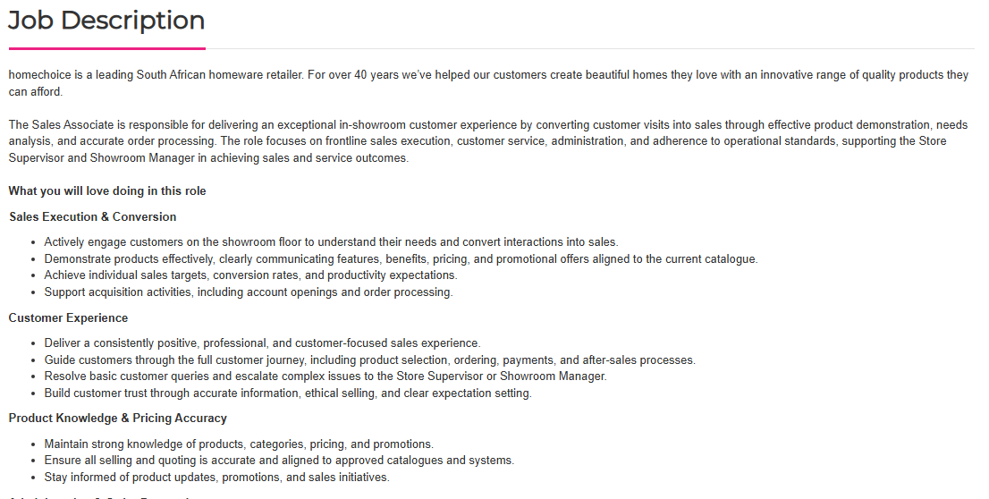 HunterSpani's tweet photo. Job Alert!!!

Company: homechoice
Position: 24hr Flexi Sales & Customer Associate
Location: Krugersdorp, Gauteng
Click here to apply: https://t.co/UOierbARFC
Closing Date: 09 October 2026

Minimum Requirements:
Grade 12 / Matric (minimum requirement).
Minimum 1 years’ retail sales experience.
Customer-facing sales experience within a target-driven environment.
Availability to work shifts, weekends, and public holidays.
Homewares retail experience (advantageous).
Clear credit and criminal record.

Please refer to the picture for more info