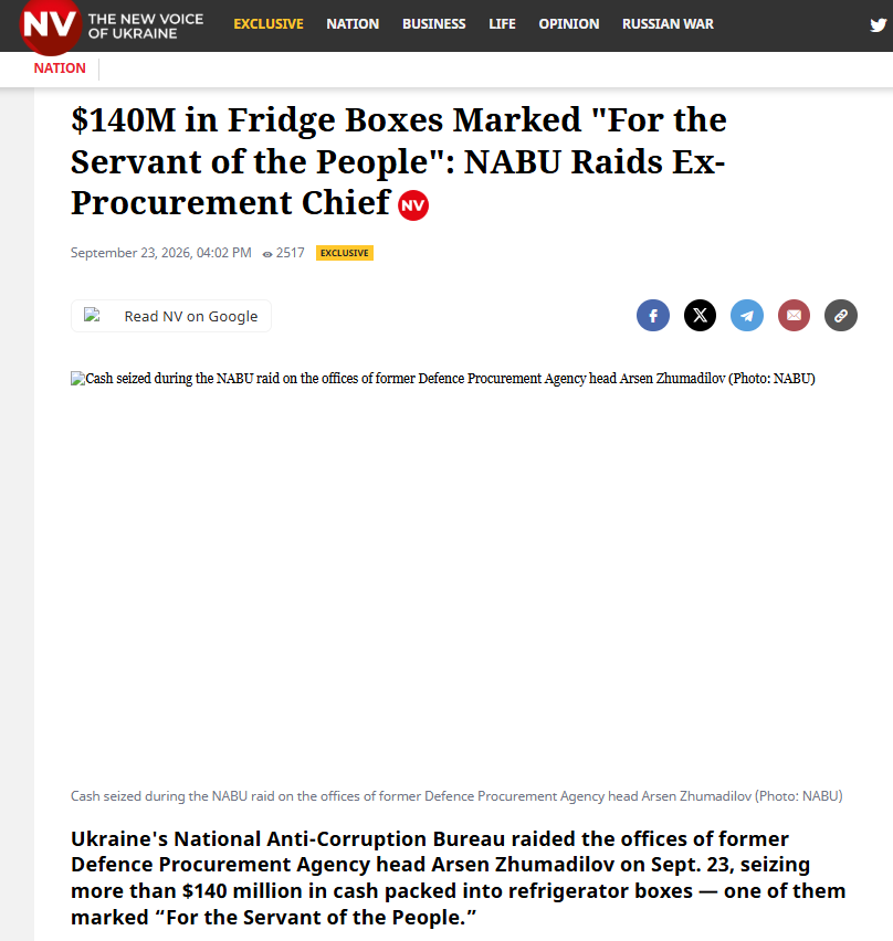 Shayan86's tweet photo. This viral video claiming a $140m corruption case in the Ukrainian military is false and likely a new creation of the long-running Russian disinformation operation known as Storm-1516.

Although the fake video has the logo of a genuine Ukrainian news website called the New Voice of Ukraine, it is in fact a fabricated report that was never produced by the Ukrainian outlet.

To make this fake story even more believable, the operation has also created a fake web page made to look like the real website of the New Voice Ukraine, featuring the fabricated report (first screenshot).

On its genuine website, the New Voice of Ukraine has clarified that it never produced this $140m corruption report, and that the web page carrying its logo is entirely fake (second screenshot).