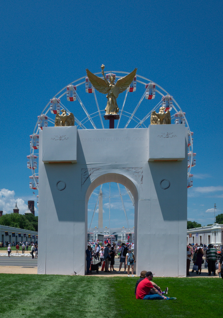bfurman's tweet photo. Front view of the proposed 250-foot high Triumphal Arch was on display at the Great American State Fair, Summer 2026. NOT to scale. #greatamericanstatefair #memorialbridge #ArlingtonCemetary #TrumpArch #Trump #WashingtonDC #TriumphalArch #democracy #vote #freedom250 https://t.co/HPuJi0rtQn