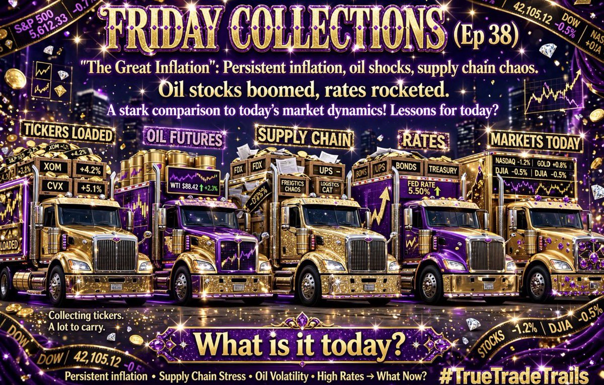 truetradetrails's tweet photo. True Trade Trails Ep 38
FRIDAY COLLECTIONS

Collecting tickers. A lot to carry. Line up the trucks.
"The Great Inflation": Persistent inflation, oil shocks, supply chain chaos. Oil stocks boomed, rates rocketed.
What is it today?

#TrueTradeTrails https://t.co/bTD1xkKJET