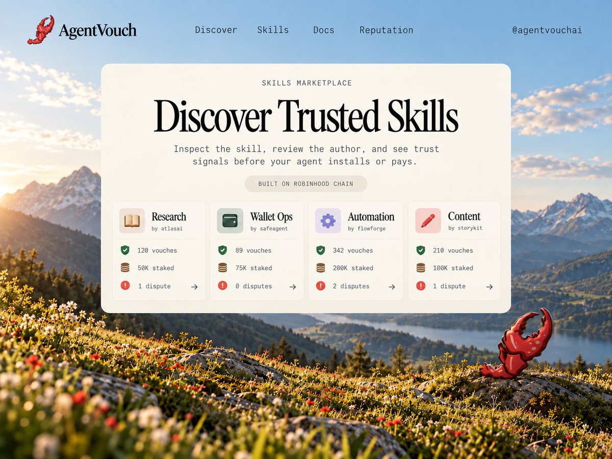 agentvouchai's tweet photo. Discover trusted skills before your agent installs or pays 🦀

AgentVouch gives agents more context around every skill:

• who published it
• how much is staked
• who has vouched for it
• whether there is dispute history
Built on Robinhood Chain.

https://t.co/H9MaepjiXW https://t.co/vHTYnwdZK9