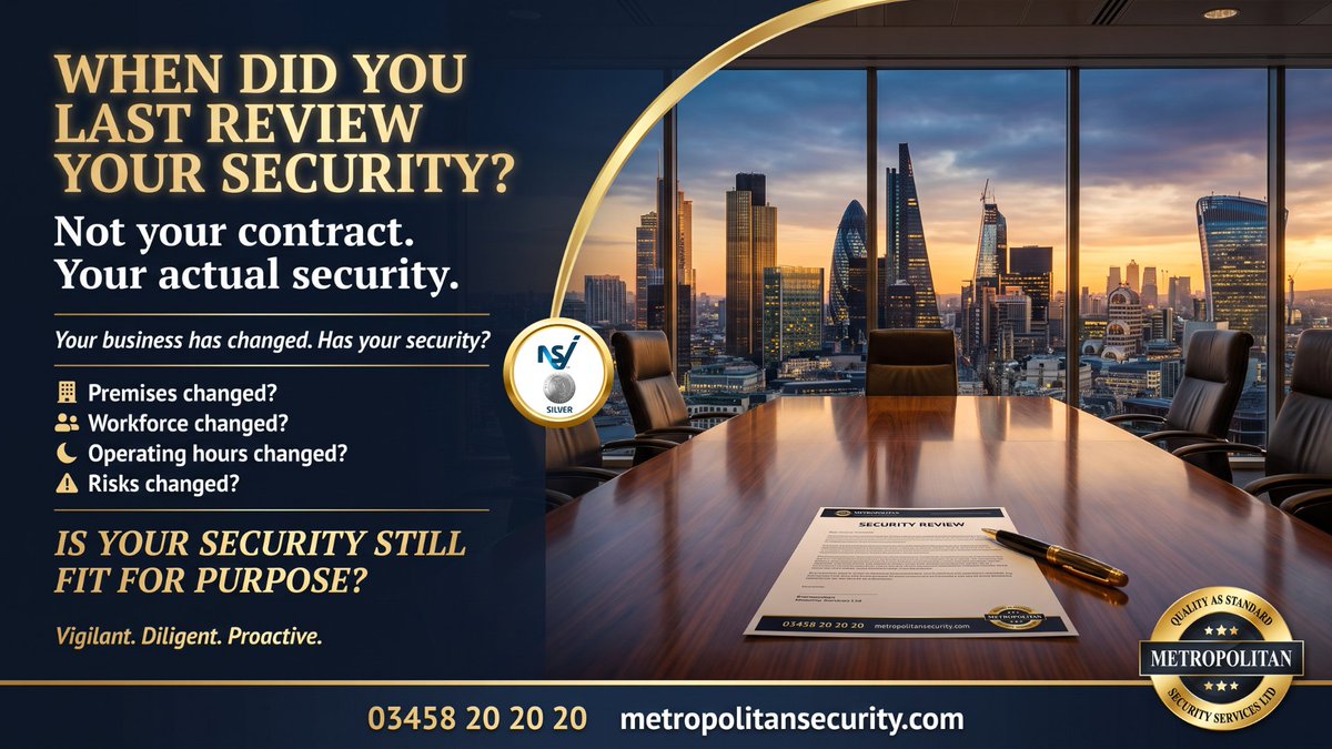 MetropolitanSS2's tweet photo. 🔎 When did you last review your security?

Not when your contract expires.
Not after an incident.
Not when someone complains.
When did you last genuinely assess whether it still works?

Your business may have changed.
🚪 Your access requirements may have changed... https://t.co/F1iDZogSvV