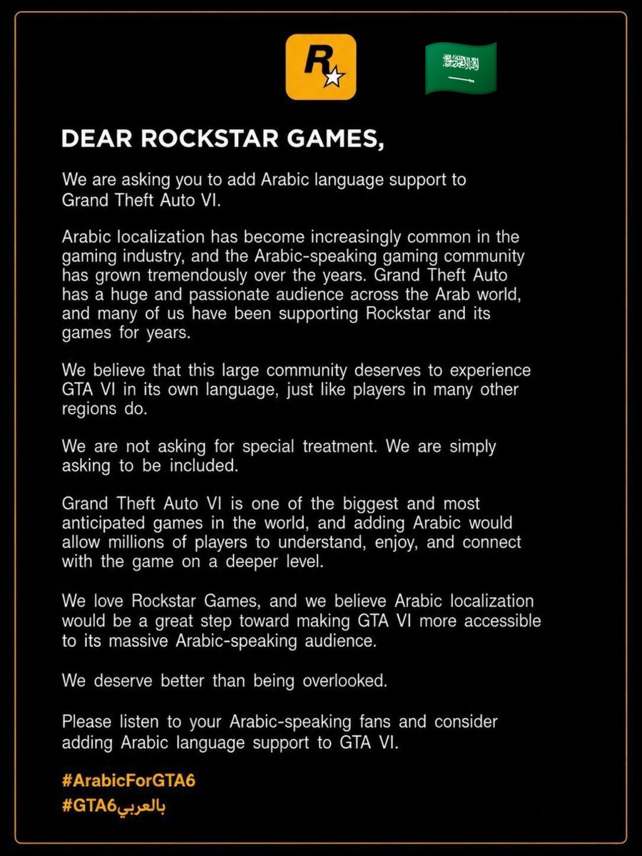 moha_fnts6's tweet photo. إلى @RockstarGames 
نطالب نحن مجتمع اللاعبين المتحدثين باللغة العربية بإضافة اللغة العربية إلى قوائم وحوارات لعبتكم القادمة والواعدة GTA 6  
@RockstarSupport #ArabicForGTA6 https://t.co/4cK4sMe4dx
