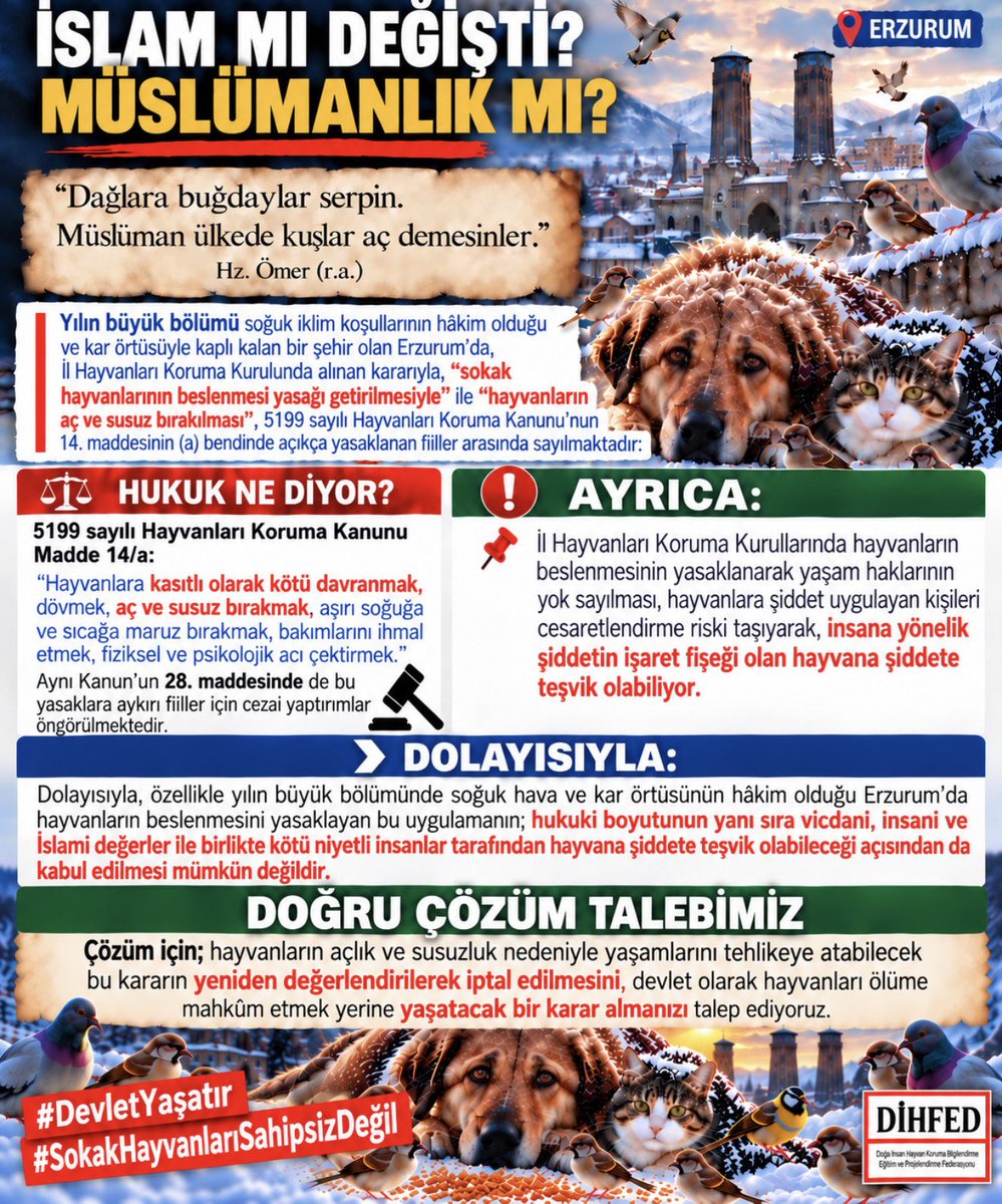 haydarozkan06's tweet photo. İSLAM MI DEĞİŞTİ? MÜSLÜMANLIK MI?

“Dağlara buğdaylar serpin. Müslüman ülkede kuşlar aç demesinler.”
Hz. Ömer (r.a.)

📌 Yılın büyük bölümü soğuk iklim koşullarının hâkim olduğu ve kar örtüsüyle kaplı kalan bir şehir olan Erzurum’da, Hayvanları Koruma Kurulunda; 5199 sayılı Hayvanları Koruma Kanunu’nun 14. maddesine uygun olmadığı gibi, vicdana, insanlığa ve İslam’a da uygun olmayan bir şekilde, sokak hayvanlarının il genelinde BESLENMESİNE YASAK getirildi.

“sokaklarda sahipsiz hayvanlara yönelik besleme faaliyetlerinin, hayvanların üreme ve yaşam alanları oluşturmasına neden olabileceği değerlendirilerek il genelinde yasaklanmasına ve uygulamanın ilçe belediyelerince takip edilmesine karar verildi.”

@ErzurumValiligi Sayın Valim @aydinbarus22;

📌 Yılın büyük bölümü soğuk iklim koşullarının hâkim olduğu ve kar örtüsüyle kaplı kalan bir şehir olan Erzurum’da, İl Hayvanları Koruma Kurulunda alınan kararıyla, “sokak hayvanlarının beslenmesi yasağı getirilmesiyle” ile “hayvanların aç ve susuz bırakılması”, 5199 sayılı Hayvanları Koruma Kanunu’nun 14. maddesinin (a) bendinde açıkça yasaklanan fiiller arasında sayılmaktadır:

“Hayvanlara kasıtlı olarak kötü davranmak, dövmek, aç ve susuz bırakmak, aşırı soğuğa ve sıcağa maruz bırakmak, bakımlarını ihmal etmek, fiziksel ve psikolojik acı çektirmek.”

Aynı Kanun’un 28. maddesinde de bu yasaklara aykırı fiiller için cezai yaptırımlar öngörülmektedir.

📌 Kaldı ki üremeyi önlemenin yolu; kanuna, vicdana, insanlığa ve İslam’a aykırı bir şekilde besleme yasağı getirerek hayvanları aç bırakıp ölüme terk etmek değil, ilmi, tıbbi ve insani çözüm olan kısırlaştırmadır.

2024’te kanun çıktıktan sonra ikinci kez ziyaret ettiğim Erzurum’da, 20 ilçede bakım evi ve kısırlaştırma imkânı olmamakla birlikte, merkez il belediyesinde de ilçelerden gelen hayvan yoğunluğuyla kısırlaştırma durmuş vaziyetteydi.

📍 Ayrıca çok önemli bir hususu da belirtmek istiyorum:

İl Hayvanları Koruma Kurullarında hayvanların beslenmesinin yasaklanarak yaşam haklarının yok sayılması, hayvanlara şiddet uygulayan kişileri cesaretlendirme riski taşıyarak, insana yönelik şiddetin işaret fişeği olan hayvana şiddete teşvik olabiliyor.

📌 Dolayısıyla, özellikle yılın büyük bölümünde soğuk hava ve kar örtüsünün hâkim olduğu Erzurum’da hayvanların beslenmesini yasaklayan bu uygulamanın; hukuki boyutunun yanı sıra vicdani, insani ve İslami değerler ile birlikte kötü niyetli insanlar tarafından hayvana şiddete teşvik olabileceği açısından da kabul edilmesi mümkün değildir.

Sayın Valim;

Çözüm için; hayvanların açlık ve susuzluk nedeniyle yaşamlarını tehlikeye atabilecek bu kararın yeniden değerlendirilerek iptal edilmesini, devlet olarak hayvanları ölüme mahkûm etmek yerine yaşatacak bir karar almanızı talep ediyoruz.

@tcbestepe @TBMMresmi @diyanetbasin @TRombudsman @TC_icisleri @adalet_bakanlik @TCTarim @tcailesosyal
@RTErdogan @EmineErdogan @NumanKurtulmus @DIBSafiArpagus @_cevdetyilmaz @yzyilmaz55 @ikalin1 @hasandogan @mustafaciftcitr @abakingurlek @ibrahimyumakli @oktay_saral @pervintuba @mehmetsekmen @EDkmp @iletisim 

#DevletYaşatır
#SokakHayvanlarıSahipsizDeğil