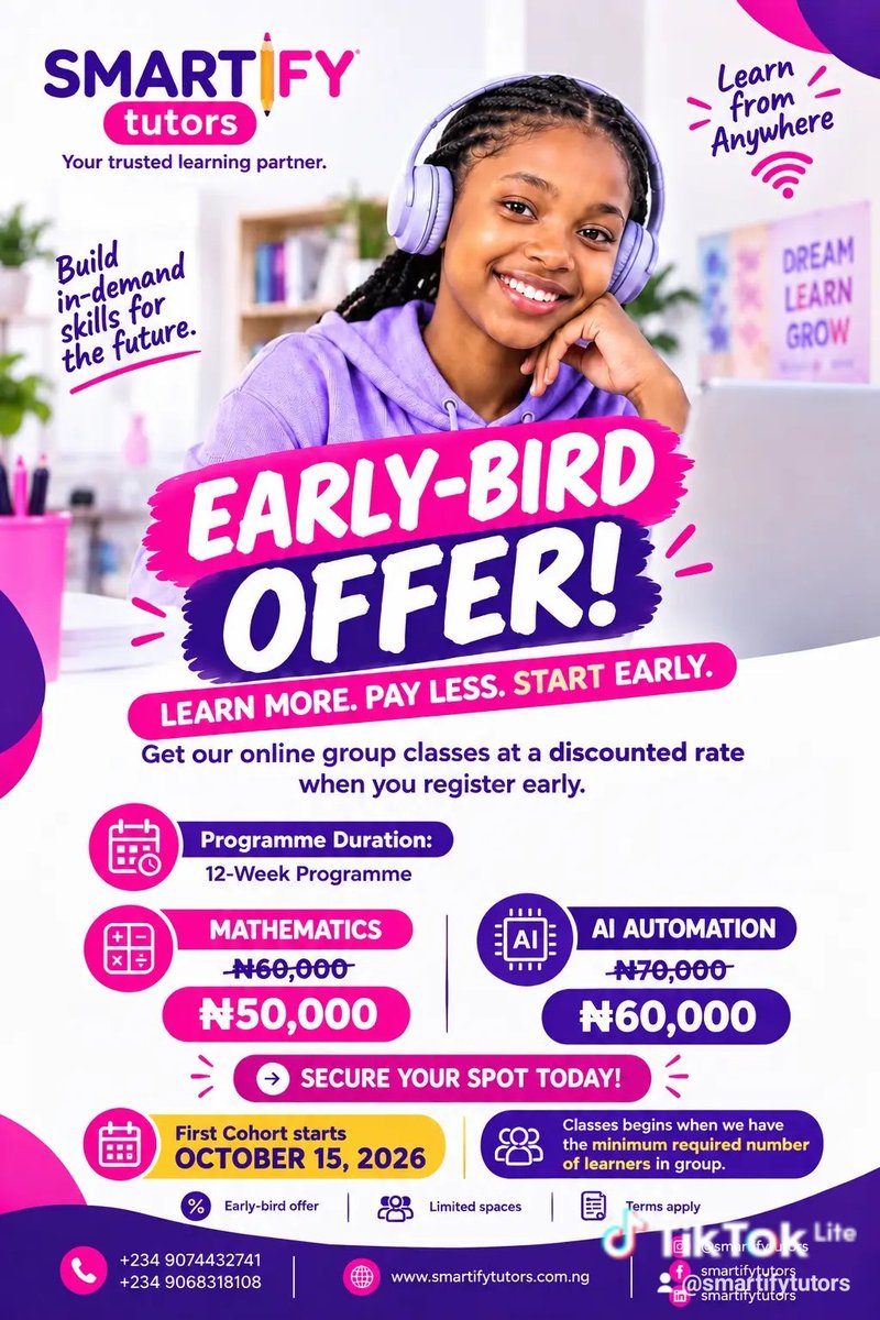 SmartifyTu23419's tweet photo. Our upcoming Maths and AI Automation group classes are now open for registration, and there’s an early-bird discount for parents who register early.

If you’ve been considering it, this is a good time to take a look.
https://t.co/Xpk9vzJ83h

#SmartifyTutors #KidsInTech #AIskills https://t.co/sd1SNyBlGS