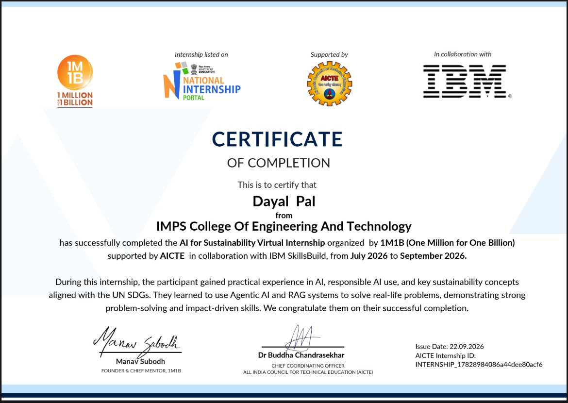 iamdayalpal's tweet photo. Glad to share with all of you🤩
I have successfully completed "AI for Sustainability Virtual Internship" which is organized by @Activate1M1B  supported by @AICTE_INDIA  and with collaboration with @IBM SkillsBuild👏 

Thanks to ..
@Activate1M1B @IBM 
@AICTE_INDIA https://t.co/fNEjvhSGp1