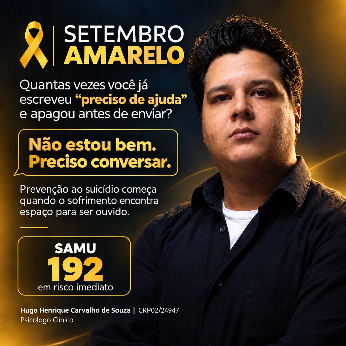 psihugocarvalho's tweet photo. O Setembro Amarelo é um convite importante à conscientização. 

Não é preciso esperar uma crise para cuidar de si. Falar sobre o que se sente, pedir ajuda e acolher quem está ao nosso lado são atitudes que podem abrir caminhos para o cuidado. https://t.co/6Dg80bphvo