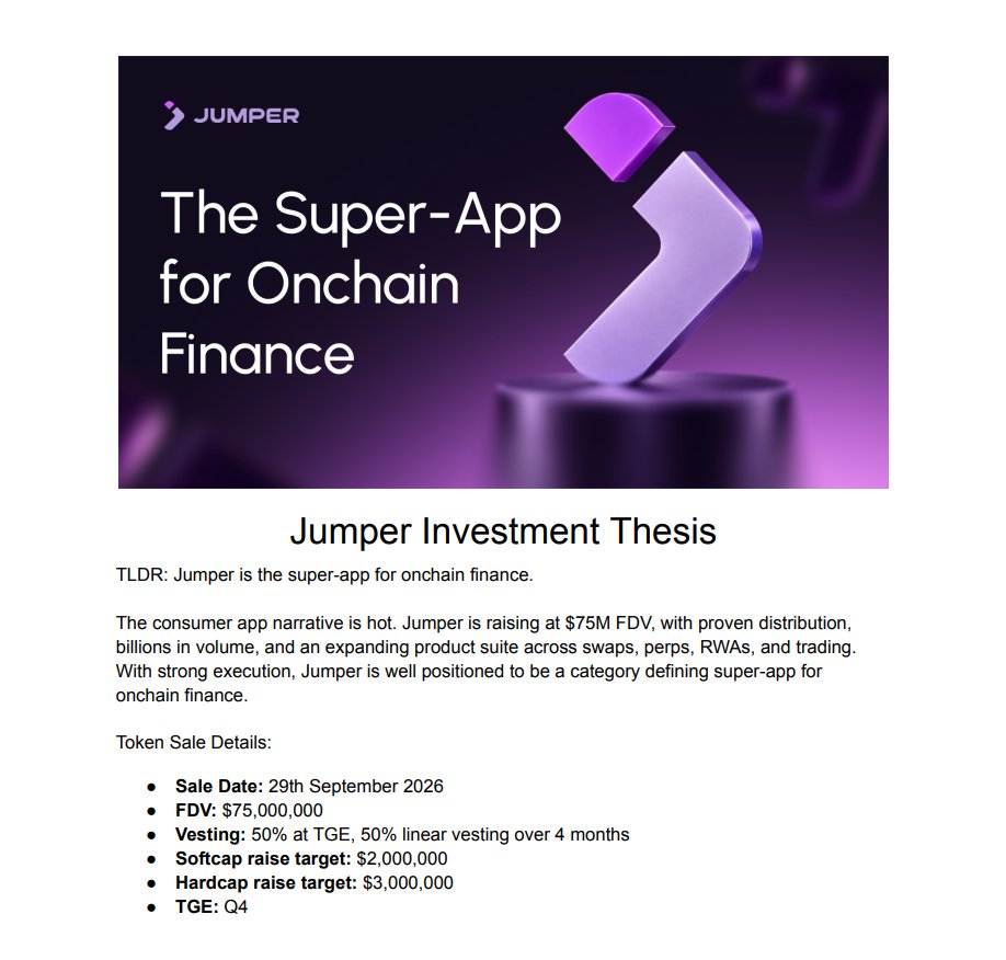 CryptoDuck_TH's tweet photo. Jumper (@jumperapp) เปิดขาย $JUMP บน @legiondotcc 
🔸 Fixed supply: 1B
🔸 วันเปิดจองสิทธิ์ซื้อ 29 ก.ย. 2026
🔸 FDV เปิดขายที่ $75M ($0.075 ต่อเหรียญ)
🔸 ปลดล็อค 50% ณ วัน TGE และอีก 50% ทยอยปลด 4 เดือนให้หลัง
🔸 กำหนดระดมทุน Hardcap ที่ $3M (3% จาก total supply ถือว่าน้อย)
🔸 ประโยชน์: Stake or lock JUMP – fee discounts, reward multipliers, service perks. No governance

📌 ทางไปจองซื้อ
👉 https://t.co/1asEYke7cn

💰 เกณฑ์พิจารณาผู้ได้สิทธิ์ซื้อ
— The Jumper community ดูจากแต้ม XP ของการใช้ Jumper (https://t.co/ryuoq9bwsA)
— อันดับ 500 คนแรกบน waitlist leaderboard (ดูอันดับได้ที่ https://t.co/l53lcbYNeE)

🏰 โควต้า The Republic
— ทุกการขายเหรียญบน Legion จะแบ่งโควต้า 5% มาให้สำหรับผู้เข้าร่วมกิจกรรม The Republic ล่าแต้ม VP (1 VP = 1 raffle ticket) การได้ VP มากก็ยิ่งมีโอกาสในการคำนวณสิทธิ์ซื้อสูงขึ้น
— แต้ม VP จะได้จากการมีส่วนร่วมโซเชียลและ raid โปรเจกต์ต่างๆ บน X ผ่านเควส เช่นเขียน thread / ตอบ reply / ทำควิซ เพื่อเก็บแต้ม ทำฟรี ไม่เสียเงิน

📌 ทางไปเข้าร่วม The Republic เน้นทำเควสหน้าแรก
👉 https://t.co/IOwdENn2LI

🪙 กำหนดปลดล็อค $JUMP
— TGE: ช่วง Q4
— สัดส่วน VC : ก้อนแรก 50% ปลด 1 ปีให้หลัง TGE
— สัดส่วนทีม : ก้อนแรก 50% ปลด 2 ปีให้หลัง TGE
— Public Sale จริงๆ ระบุสัดส่วน 4% แต่ขายบน Legion 3% แปลว่ายังเหลืออีก 1% ซึ่งคงเดากันไม่ยาก

🪂 $JUMP Airdrop
— ยังไม่ประกาศ แต่ในตาราง Investment Thesis ทีมบอกมี 33.33% สำหรับสัดส่วน Community ซึ่งเค้าใช้คำว่า "Distributed to the community"
— ตรงนี้เลยยังเป็นปริศนาว่าจะแจกรวดเดียว 33.33% หรือมีกันไว้สำหรับอนาคต (แอดคิดว่าคงกันไว้)

ใน Investment Thesis ทีมไม่ได้เปิดเผยรายได้โปรเจกต์ในปัจจุบัน แต่ก็ได้คาดการณ์ใน 1 ปีข้างจะมีรายได้ $2M ต่อเดือน ผ่านโปรดักต์ต่างๆ อาทิ Spot – bridging, swapping, RWAs รวมถึงโปรดักต์ใหม่อย่าง Perps และ Earn ซึ่งกำลังจะเปิดตัว

ใครสนใจศึกษาเพื่อลงทุนดูที่
https://t.co/nxJFpLJfEj

⚠️ การลงทุนในคริปโตเคอร์เรนซีมีความเสี่ยงสูงมาก นักลงทุนอาจสูญเสียเงินลงทุนได้ทั้งหมด
