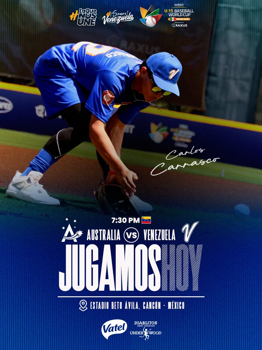 TeamBeisbolVe's tweet photo. #BaseballWorldCupU15 

El Team Beisbol Venezuela comienza su camino al título con contra #Australia 🇦🇺 

🏆 Siguenos para los detalles desde dentro de la selección y detalles del torneo ⚾️🇻🇪

📍 Cancún - México 

💻 https://t.co/GnrUuLCGdc

#SomosVenezuela #LaQueNosUne https://t.co/ZW2kEfGG8s