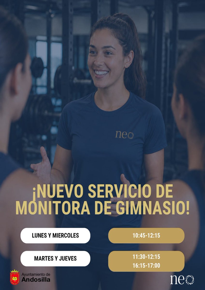 aytodeandosilla's tweet photo. Nuevo servicio de monitora de gimnasio.
#andosilla
#ayuntamientodeandosilla https://t.co/k8fc4UH2gj