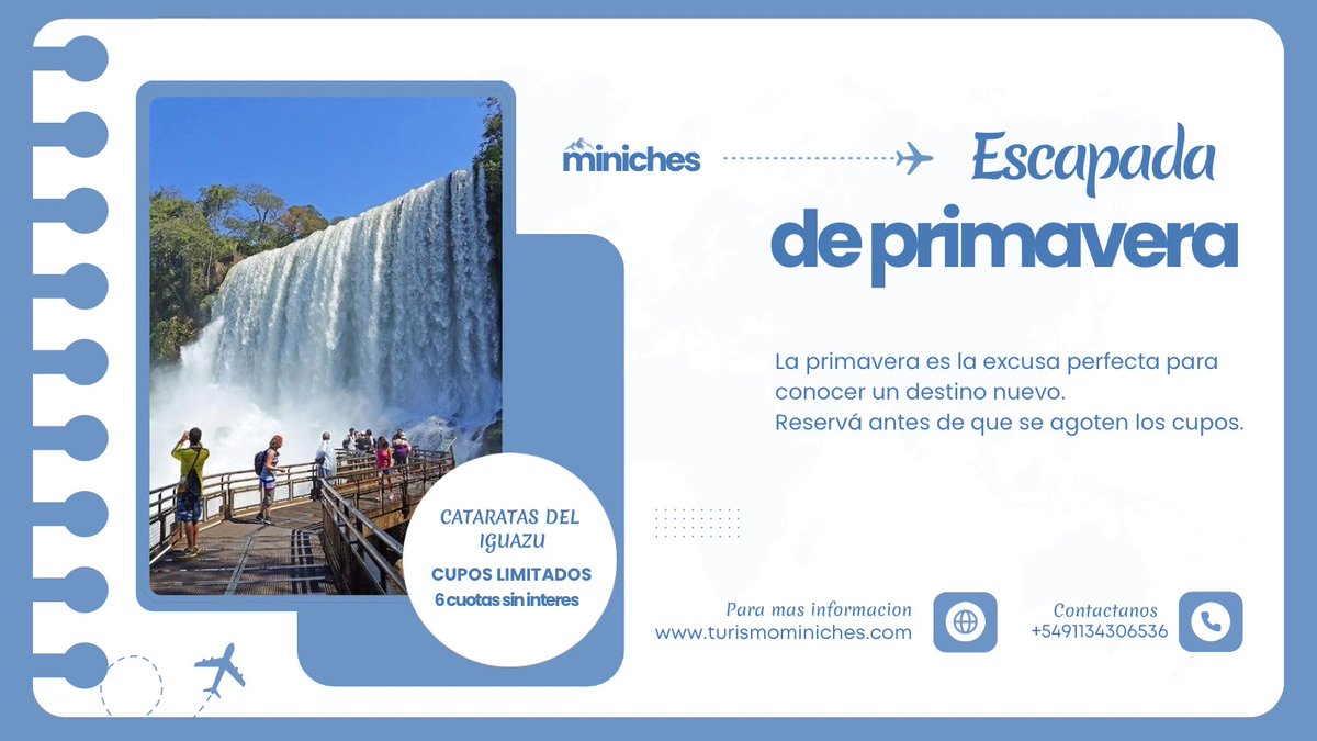 TurismoMiniches's tweet photo. La primavera ya está acá 🌸 Aprovechá nuestra promo de escapadas de primavera con cuotas sin interés. Pocos cupos disponibles para salidas de octubre. 

#PromoPrimavera #TurismoMiniches https://t.co/UA99K9cIUg