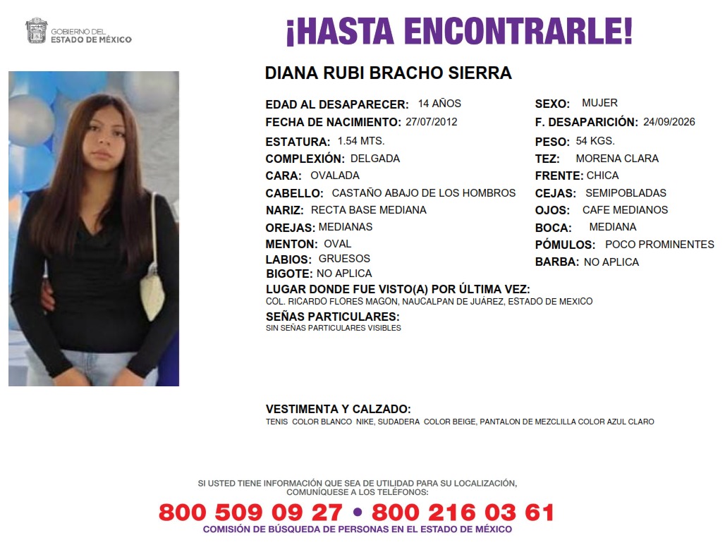 lopezdoriga's tweet photo. Se solicita su ayuda para localizar a a la joven Diana Rubí Bracho Sierra.

 Fue vista por última vez en Naucalpan de Juárez Estado de México. https://t.co/EHKftdXLrs