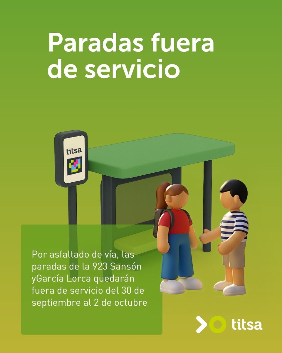 titsa's tweet photo. Paradas fuera de servicio de la línea 923 del 30 sept al 2 oct https://t.co/QqC2l6JO0H https://t.co/ZbYIFr6hk7