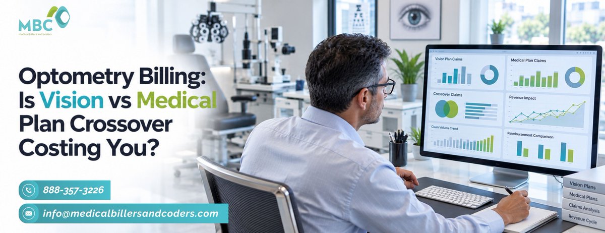 mbc_services's tweet photo. Exam volume is up. Collections aren't following.
For many optometry groups, the reason is vision vs medical plan crossover.
A routine visit turns medical, but the claim still goes to the vision plan.
Read more: https://t.co/bpg4xOfUk2
#RevenueCycle #OptometryBilling #RCM https://t.co/QQLlqZRylt