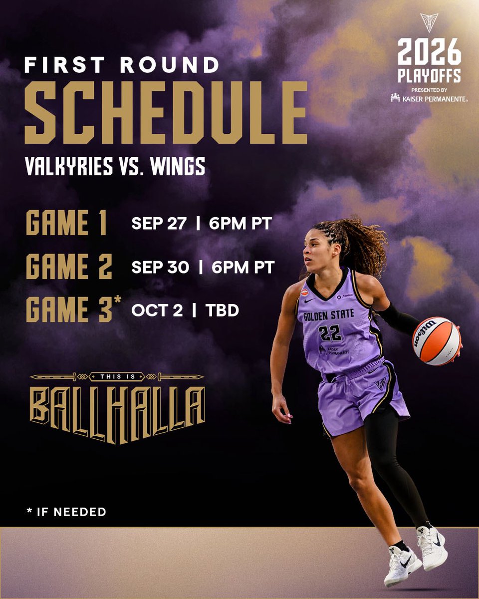 valkyries's tweet photo. Calendars marked. Goal set.

First round starts Sunday in Ballhalla. ⚔️

@aboutKP | 2026 Playoffs

#ThisIsBallhalla https://t.co/j11vuwZucM