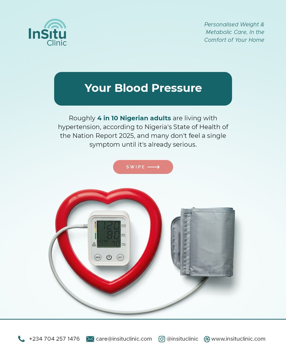 InSituClinic's tweet photo. The number on your scale is one thing. Your blood pressure, blood sugar and cholesterol tell the real story.

In Nigeria, that story deserves attention. Research estimates that up to 40% of adults are living with hypertension, and many don't know it. https://t.co/3Mk8xS1q52