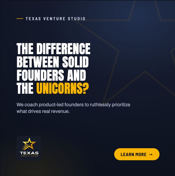 TxVentureStudio's tweet photo. The difference between solid startup founders and the unicorns?
They master the art of saying no to almost everything, distractions, shiny features, endless meetings.
#TexasStartups #FounderAdvice #VentureStudio #AINative #Startups #TexasVentureStudio #AIStartups https://t.co/Hi77ApUvtQ