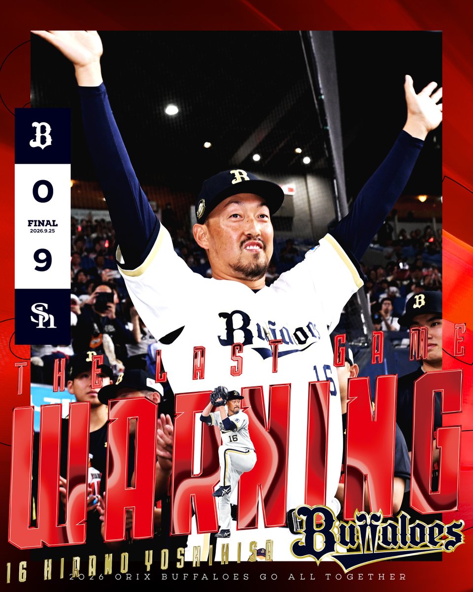 Orix_Buffaloes's tweet photo. 9月︎25日（金）
オリックス 0-9 福岡ソフトバンク
【勝】松本晴【敗】陳

投打奮わず敗戦。“地味で偉大な男”平野佳寿が本拠地9回のマウンドで雄姿を見せる。
https://t.co/hd1oWsFKIt

◇ 岸田 護 監督
「（陳投手が初登板、初先発）今日デビューでしたけど、・・・」

#ありがとう平野さん
#Bs2026 #最後まで熱く