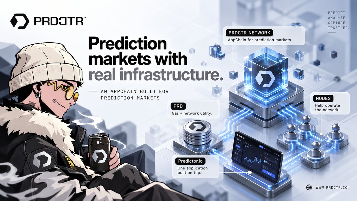 Just_Jibon's tweet photo. I’ve always found the infrastructure side more interesting when a project actually has a clear use case.

@PRDCTR_IO is pretty focused on prediction markets with the PRDCTR Network, an AppChain built specifically for them.

PRD handles gas + network utility, nodes help operate the network, and https://t.co/NGyrQQnZ29 is one application built on top.

that's the part I like here.

it's not just about making another prediction market. 

there's infrastructure underneath that other apps can potentially build on too.