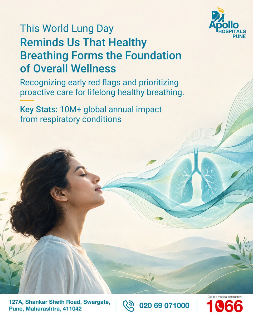ApolloPune's tweet photo. Breathe better, live better. This World Lung Day, let’s recognise warning signs, protect our lungs and make lung health a priority.
Take care of your lungs today.

#WorldLungDay #LungHealth #HealthyBreathing #ApolloHospitalsPune https://t.co/c9tSsvAW3d